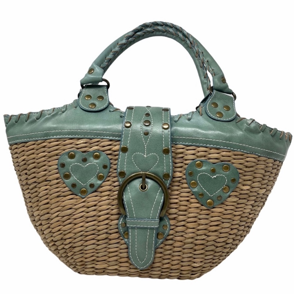 Scala Straw Leather Purse Tote Bag Teal